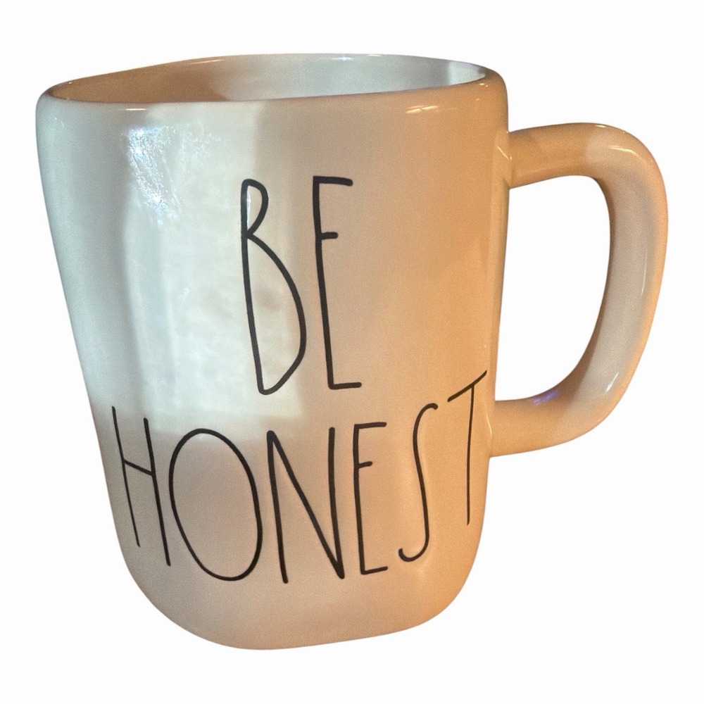 Rae Dunn BE HONEST Mug Ivory Ceramic Black Letter Coffee Cup Magenta Farmhouse